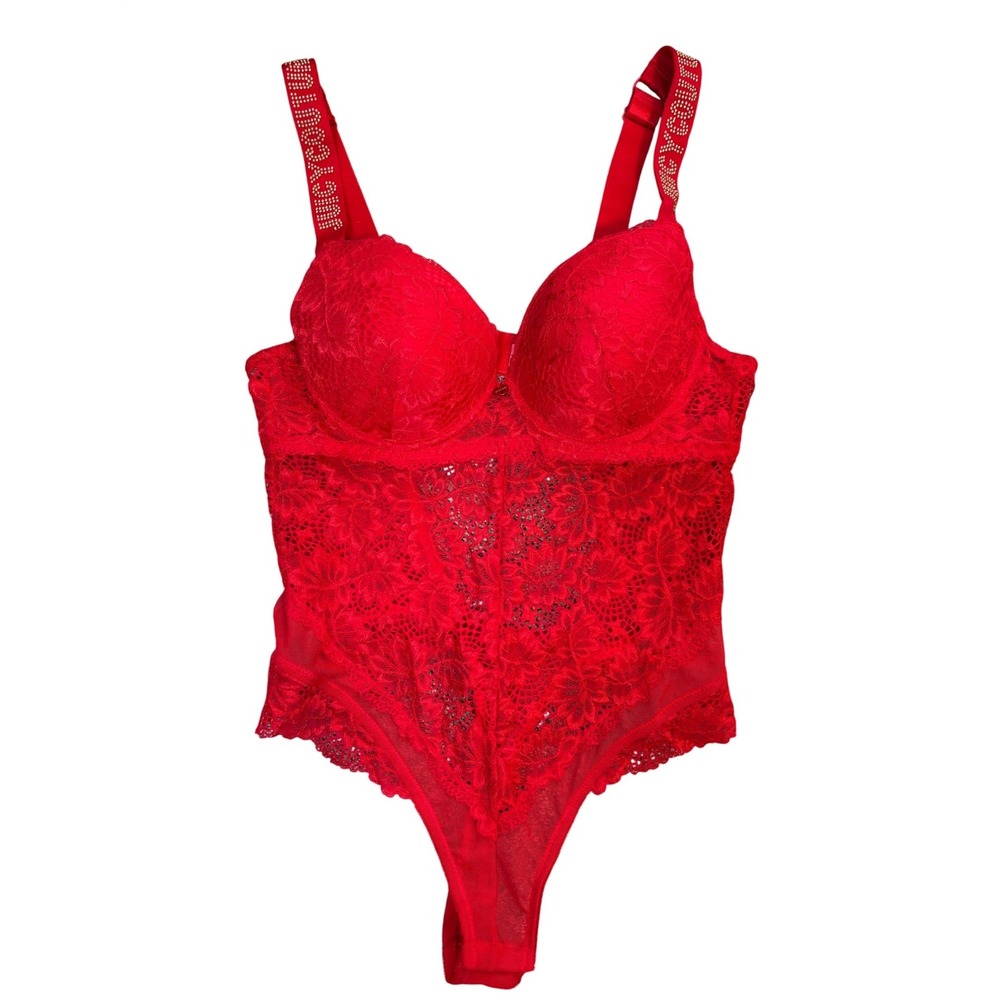 Rhinestone‎ Logo Lace Juicy Couture Intimates Bodysuit L Red